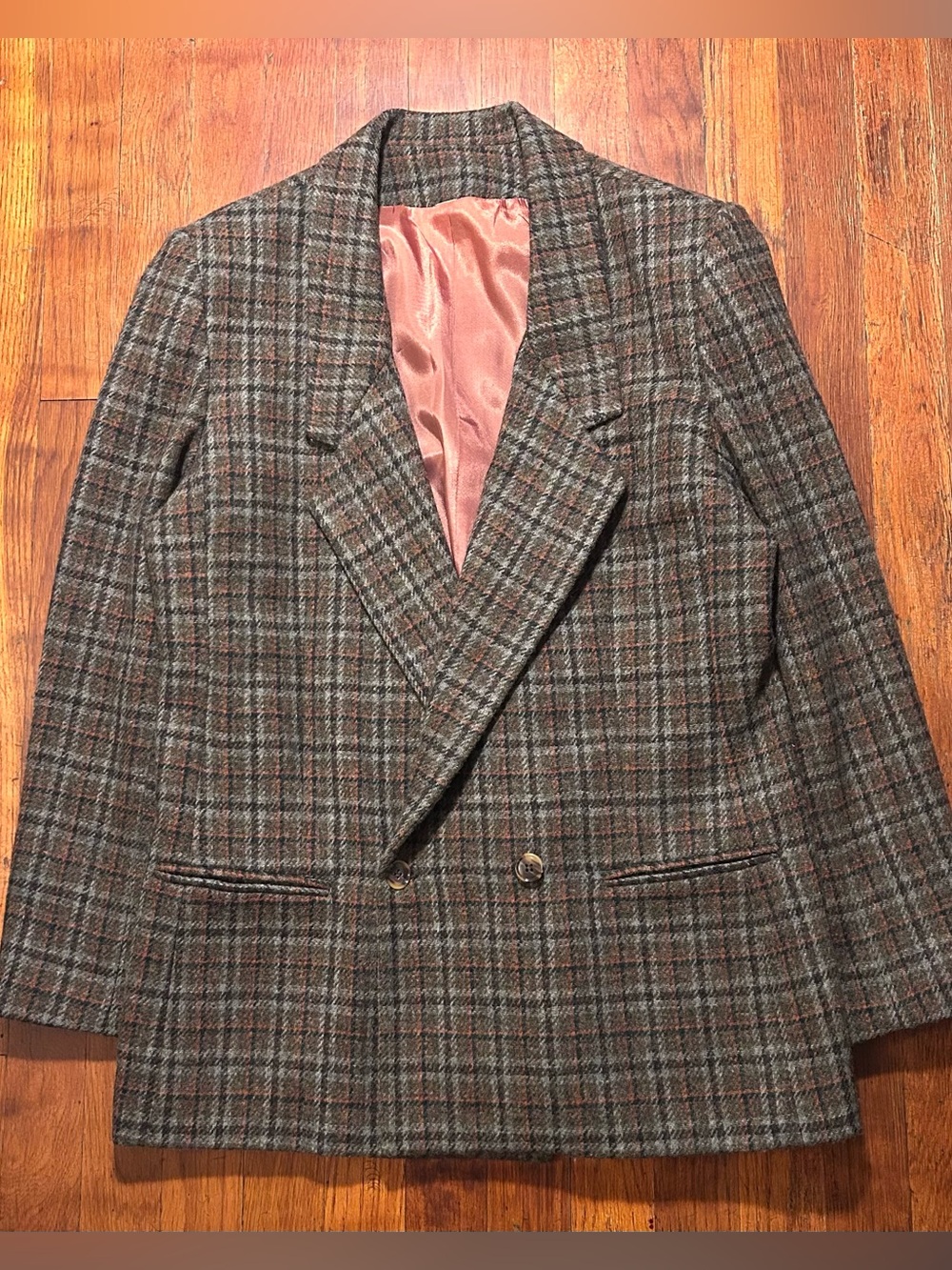 Vintage ‘80s Oleg Cassini Wool Plaid Mid Length Single Button Blazer Jacket M